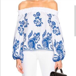 Alexis "Galiena" White & Blue Floral Embroidery Off the Shoulder Blouse Small